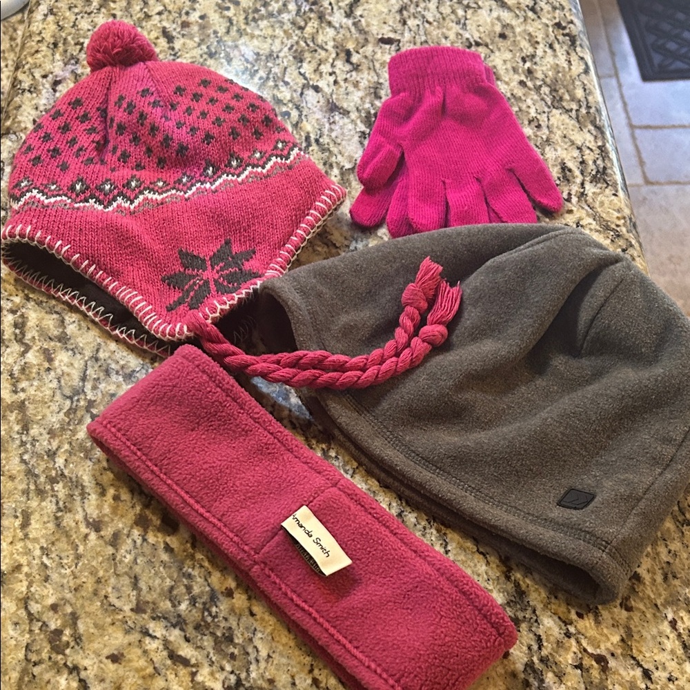 Pink and Gray  Winter Bundle Hat, Gloves, Head Band & Stocking Cap